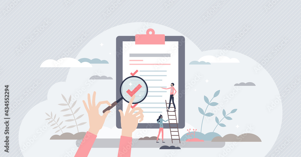 Traceability and product quality control with tracking tiny person concept. Source supply chain logistics verification and monitoring ability for ethical and transparent business vector illustration. - obrazy, fototapety, plakaty 