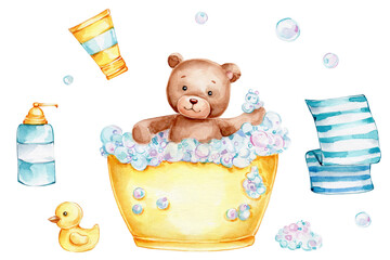 Big set with teddy bear in yellow bath, bubble blower, yellow duck, foam and bath towel; watercolor hand drawn illustration; can be used for baby shower or cards; with white isolated background