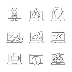 Poster - Computer damage linear icons set. Burning notebook. smoke from keyboard. Crashed monitor screen. Customizable thin line contour symbols. Isolated vector outline illustrations. Editable stroke