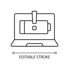 Poster - Computer does not charge linear icon. Broken notebook battery. Electricity supply issue. Thin line customizable illustration. Contour symbol. Vector isolated outline drawing. Editable stroke