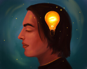 Illustration of a profile of a man with a luminous light bulb near his head. Metaphor of idea, wisdom and ingenuity, symbol of reflection and learning, as well as creation of something