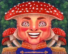 Fantastic Fairy Surreal Illustration Of Amanita Mushroom, Anthropomorphic Mushroom With Face And Smile. Elf Or Gnome. Fairytale Character With Fly Agaric Hat.