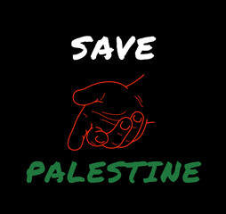 Illustration text SAVE PALESTINE with helping hand icon on black background.