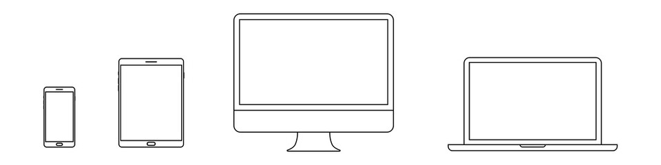 Device and gadget line art set. Laptop, smartphone, modern portable and compact personal computer machines for home and office work. Vector line art device illustration