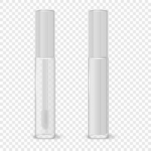 Vector 3d Realistic Closed Plastic Transparent And White Lip Gloss, Lipstick Package Set Isolated. Glass Container, Tube, Lid, Brush. Plastic Transparent Bottle Design Template, Mockup. Front View