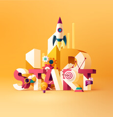 start up typographic concept. 3d word lettering with colored icons on bright background.