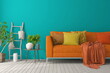 Mockup poster of colorful living room with orange sofa. Scandinavian interior design. 3D illustration