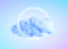 Glowing Neon Circle Shape In A Cloud Of Fog. Modern Trending 3d Conceptual Design Background. Violet Blue Pink Colors. Vector Illustration