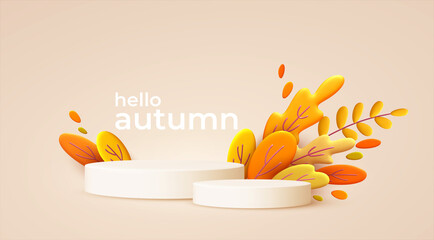 Wall Mural - Hello Autumn 3d minimal background with autumn yellow, orange leaves and product podium. 3d Fall leaves background for the design of Fall banners, posters, advertisements, cards, sales. Vector