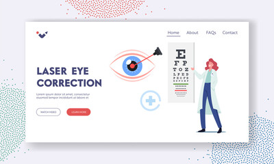 Wall Mural - Eye Surgery Landing Page Template. Laser Correction of Myopia or Nearsightedness Diseases, Oculist Doctor Vision Test