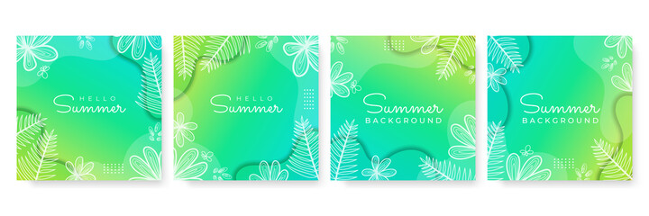 Fototapete - Collection of green yellow summer background set with palm, leaves ,flower, blob. Editable vector illustration for invitation, postcard, post stories social media template and website banner
