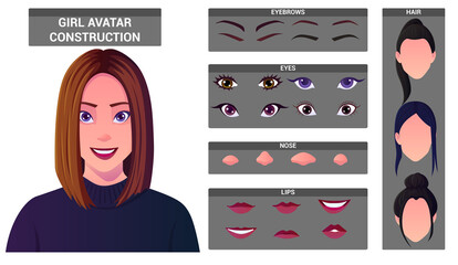 Caucasian Woman Face Construction Pack for Avatar Creation. Female Avatar Build With Head and Hair Styles, Eyes, Nose, Mouth, Eyebrows. Premium Vector set.