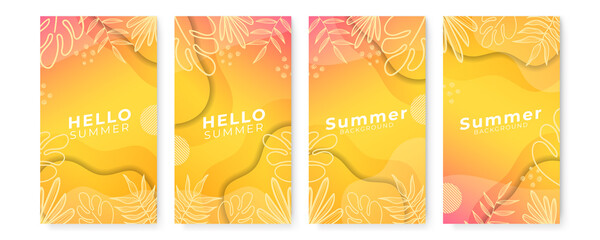 Summer sale vector poster set with 50% off discount text and summer elements in colorful backgrounds for store marketing promotion. Vector illustration.