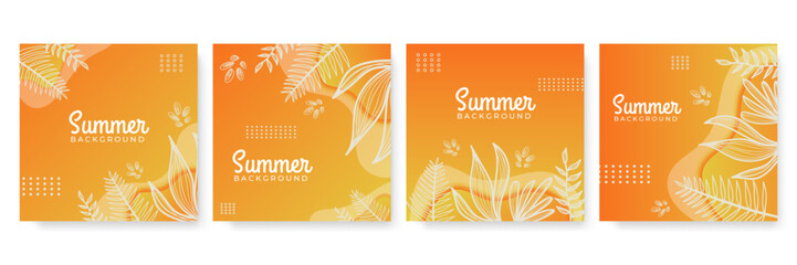 Fototapete - Vector set of colourful social media stories design templates, backgrounds with copy space for text - summer landscape. Summer background with leaves and waves