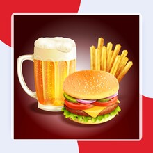 Hamburger French Fries And Beer Glass Mug Realistic Background Vector Illustration