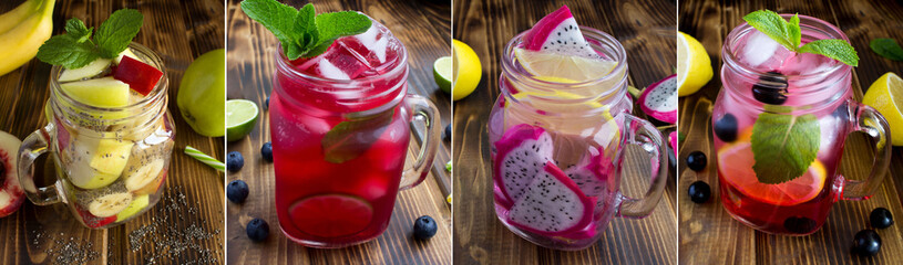 Wall Mural - Collage of healthy drink. Detox or infused water  with chia seed, fruit and berry on the  wooden  background.