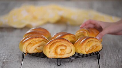 Wall Mural - Freshly baked homemade yeast buns with apricot jam.