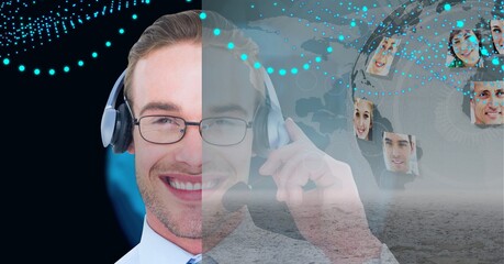 Poster - Composition of smiling businessman wearing phone headset with network of people's photographs