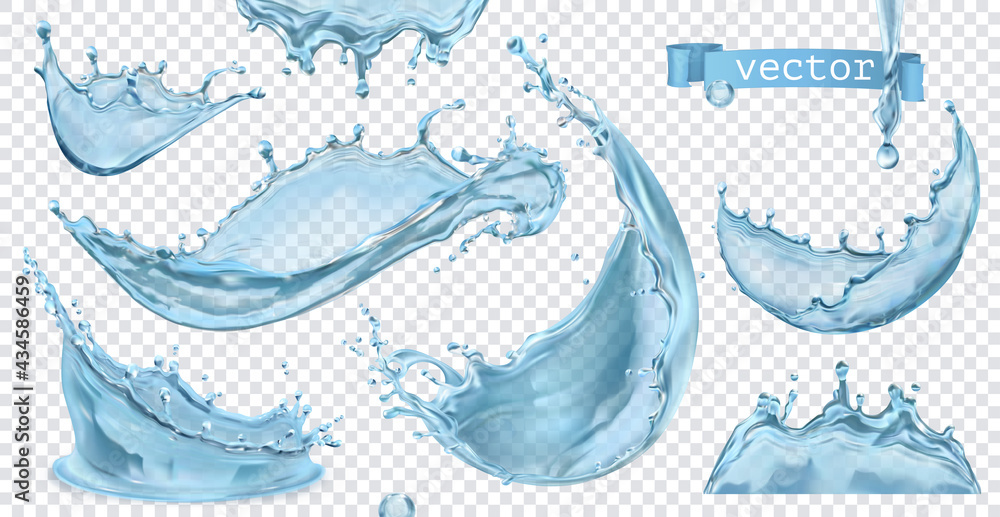 Water splash with transparent. 3d vector realistic set of objects - obrazy, fototapety, plakaty 