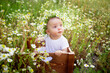 © Any Grant - a baby in flowers on a chamomile field in summer in a white dress and a wreath on his head