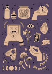 Witchy objects sticker sheet mushrooms, tarot cards, crystals, candles, eye, hands and bottles