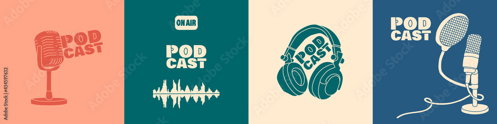 A set of covers for a podcast or broadcast show. Vector trendy flat illustration in pastel colors. EPS 10 - obrazy, fototapety, plakaty 