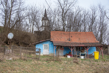 Wall Mural - Small blue house in Milas, Bistrita, Romania, 2021