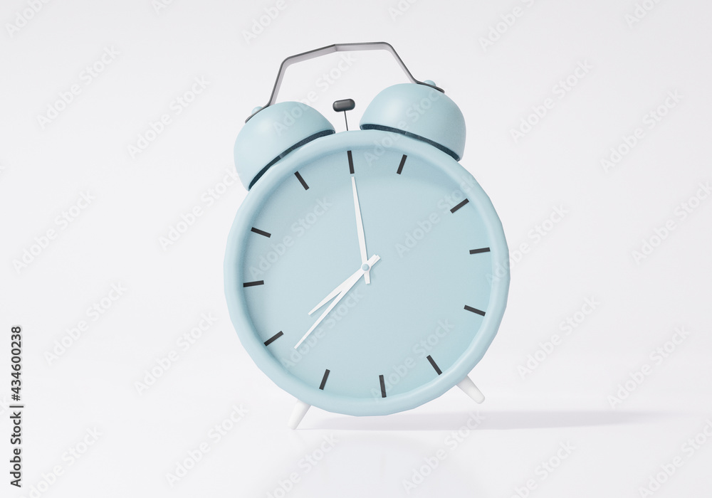 Blue vintage alarm clock Telling time Pointer 8 o'clock on white background isolated Minimal style creative concept. 3d rendering