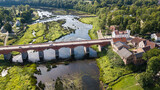 Fototapeta  - Long brick bridge, Kuldiga, Latvia. Captured from above.