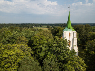 Wall Mural - Aerial view of Zlekas village and lutheran church, Latvia.