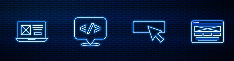 Set line UI or UX design, , Front end development and . Glowing neon icon on brick wall. Vector
