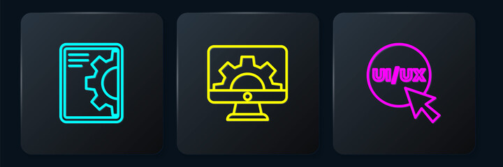 Set line Web development, UI or UX design and . Black square button. Vector