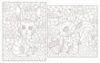 Set of contour illustrations in the style of stained glass with cute cartoon rabbit and squirrel, dark outlines on a white background