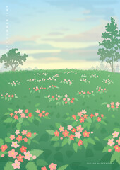 Vector beautiful realistic illustration of summer field. Summer poster or banner design template