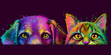 Dog And Cat. Wall Sticker.  Abstract, Multicolored, Neon Portrait Of A Dog And Cat In The Style Of Pop Art On A Dark Violet Background. Digital Vector Graphics. The Background Is A Separate Layer.