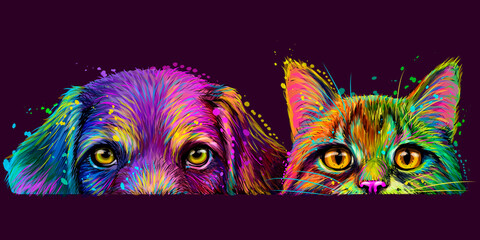 Wall Mural - Dog and cat. Wall sticker.  Abstract, multicolored, neon portrait of a dog and cat in the style of pop art on a dark violet background. Digital vector graphics. The background is a separate layer.