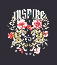 Inspire Now Slogan With Double Tiger And Wild Flower Vector Illustration On Black Background