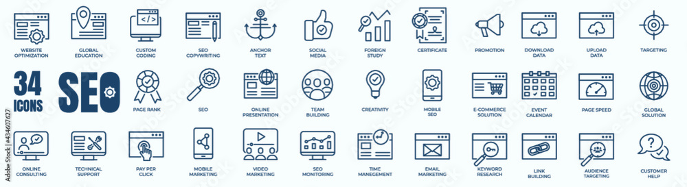 Set of editable line icons of SEO - Search Engine Optimization. Thin ...