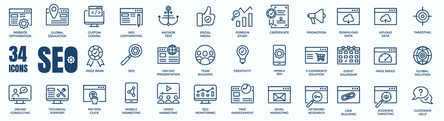 Set of editable line icons of SEO - Search Engine Optimization. Thin line web icon collection. Simple vector illustration of development, optimization, analysis, and analytic.