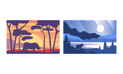 Sticker - Beautiful Natural Landscape Set, Wilderness Scenery with Wild Animals Silhouettes Vector Illustration