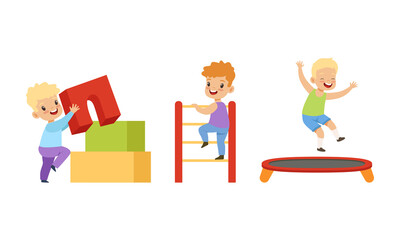 Poster - Kids Having Fun on Playground Set, Little Children Playing with Building Toy Blocks and Jumping on Trampoline Cartoon Vector Illustration