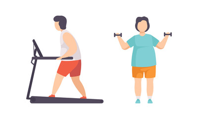 Sticker - Overweight People Doing Sports Set, Fat persons Walking on Treadmill, Exercising with Dumbbells, Weight Loss Program Concept Flat Vector Illustration