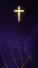 Wall Mural - Golden Christian Cross on liturgic purple vertical copy space banner background. 3D illustration for online worship during the passion for Christ, Confirmation, Good Friday, Palm Sunday, and Pentecost