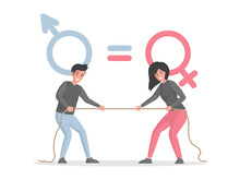 Male And Female Characters Pulling Rope Against Each Other Vector Flat Illustration. Man Versus Woman, Tug Of Gender War Competition, Battle Of Sexes, Or Wage Equality Concept.