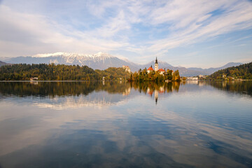 Poster - Bled lake with the church on the island in Slovenia