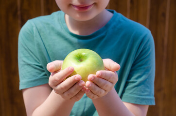 Child two hands hold apple on white background. Toddler's hands and fresh fruit top view. Flat lay diet and healthy food concept. place for text