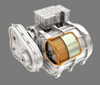 Cutaway view of Electric Vehicle Motor on gray background. 3D rendering image.
