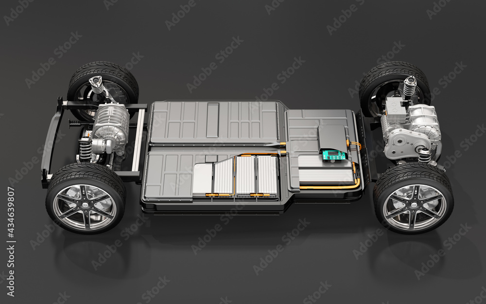 Cutaway view of Electric Vehicle Chassis with battery pack on black background. 3D rendering image. - obrazy, fototapety, plakaty 