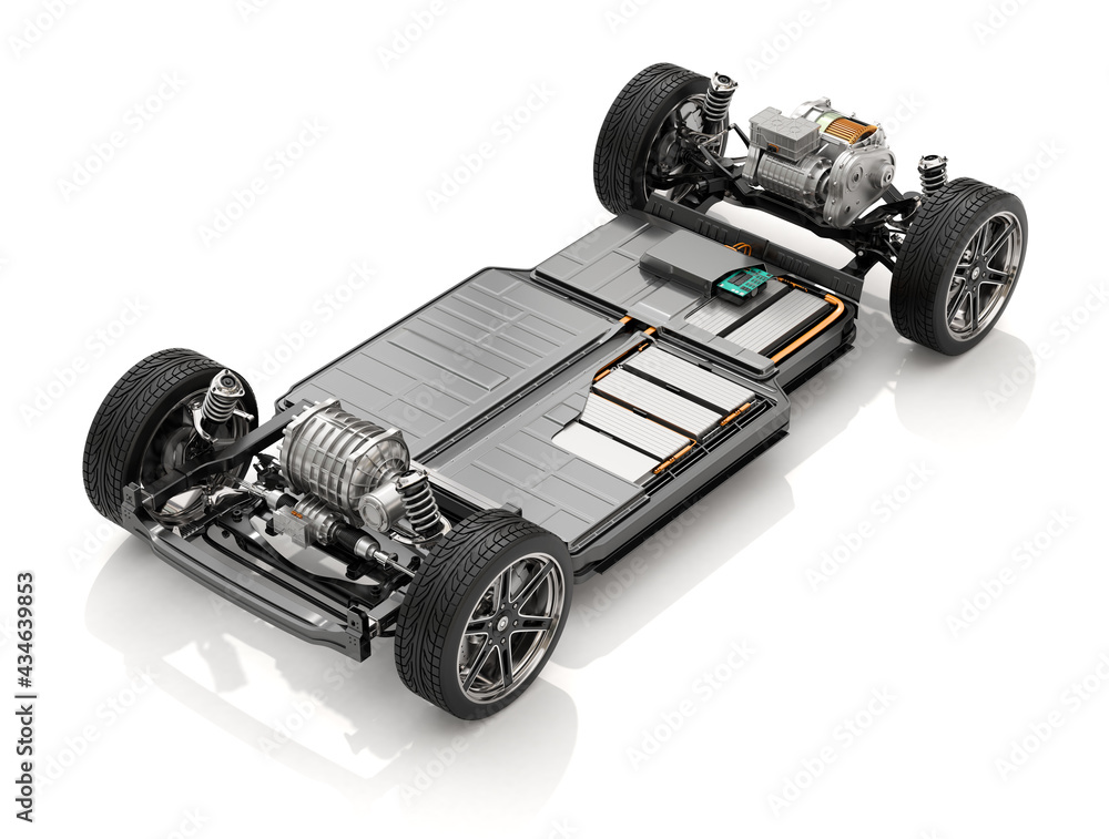 Cutaway view of Electric Vehicle Chassis with battery pack on white background. 3D rendering image. - obrazy, fototapety, plakaty 