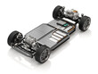 Cutaway view of Electric Vehicle Chassis with battery pack on white background. 3D rendering image.
